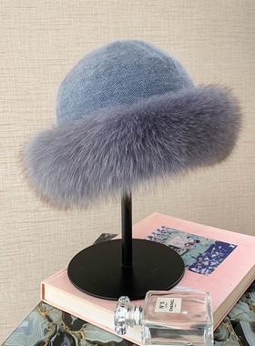 chao显白~白月光蓝色女帽气质狐狸毛渔夫帽 秋冬柔软保暖皮草帽子