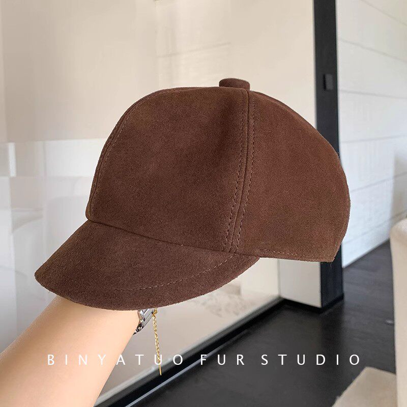 INS时髦秋冬女 鸭舌帽贝雷帽六角帽柔软真皮反绒羊皮帽子女绵羊皮