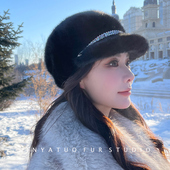 真皮毛一体貂皮鸭舌贝雷女帽 冬季 水貂皮草帽子 显脸小女保暖帽