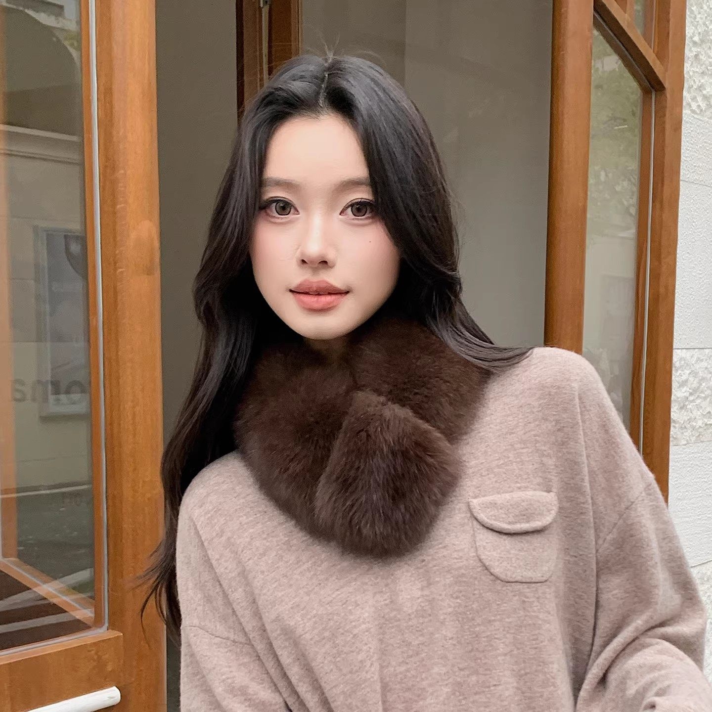 双面真毛狐狸毛高级感咖色系短款围脖獭兔毛内里仿紫貂色女士围巾