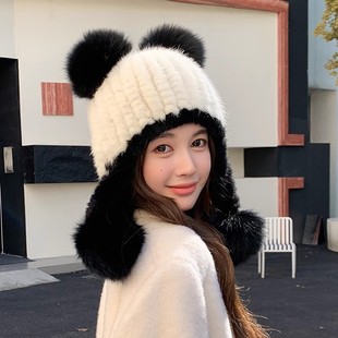 秋冬貂皮帽子狐狸毛球球真皮毛皮草女帽水貂毛编织可爱护耳小熊帽