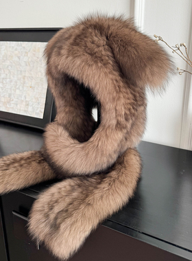 狐狸毛围巾帽子一体秋冬保暖真毛裘皮紫貂色可爱小熊耳朵风雪帽