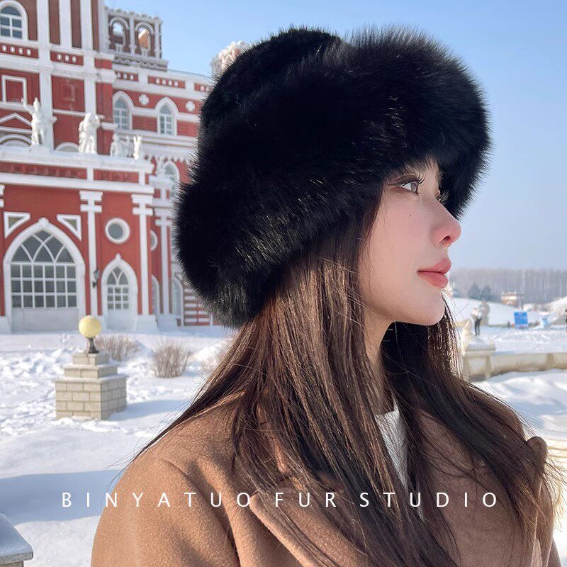 哈尔滨东北旅游帽子冬季保暖水貂帽真貂皮狐狸毛渔夫帽显脸小黑色