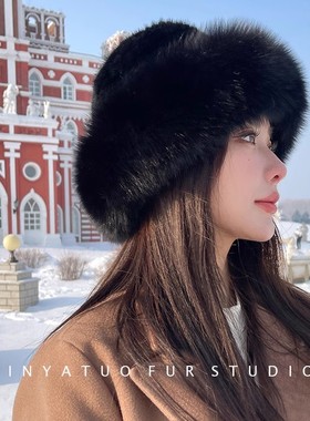 哈尔滨东北旅游帽子冬季保暖水貂帽真貂皮狐狸毛渔夫帽显脸小黑色