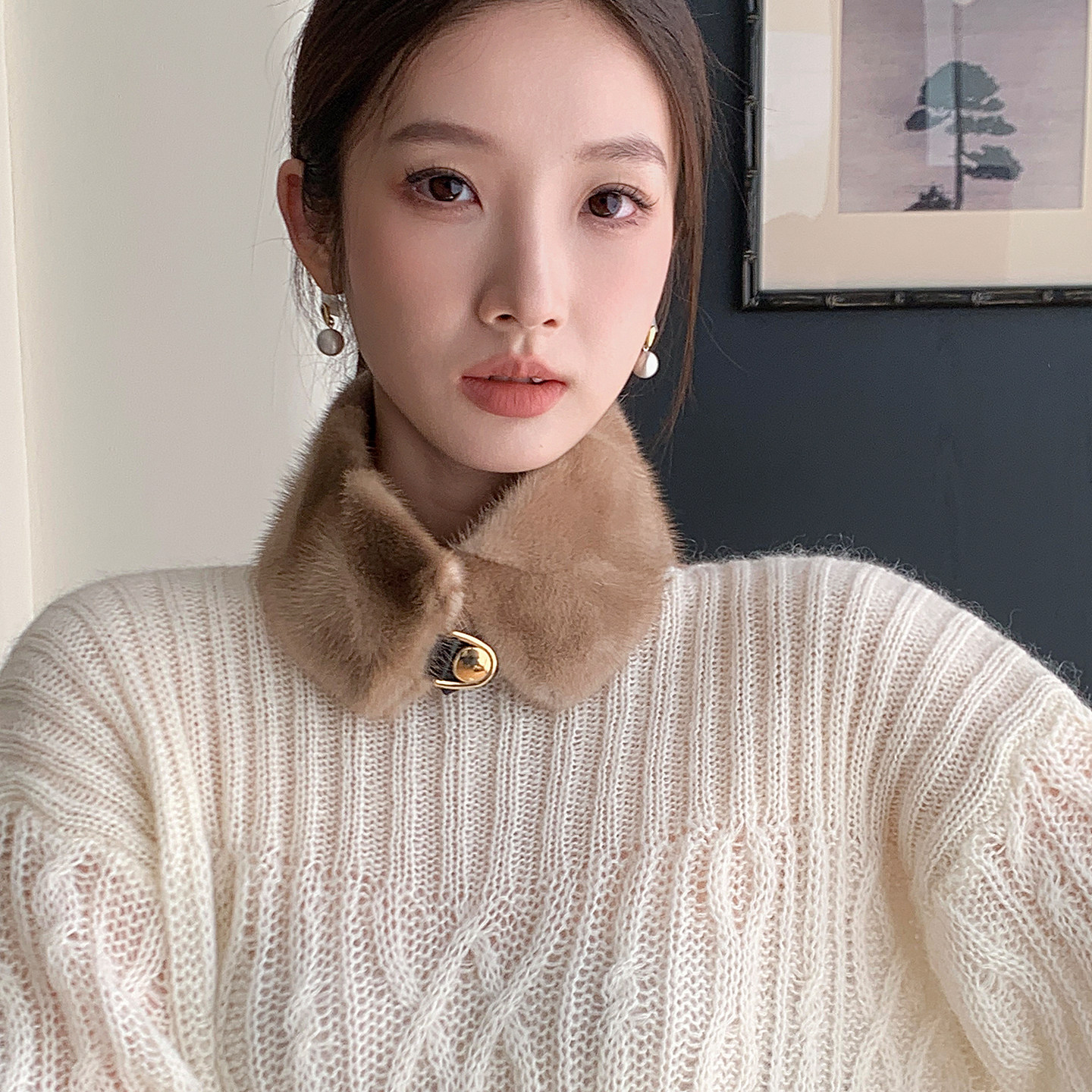 秋冬新款女士双面貂皮围脖短款脖套 休闲纽扣短款一圈水貂围巾