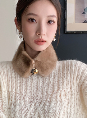 秋冬新款女士双面貂皮围脖短款脖套 休闲纽扣短款一圈水貂围巾