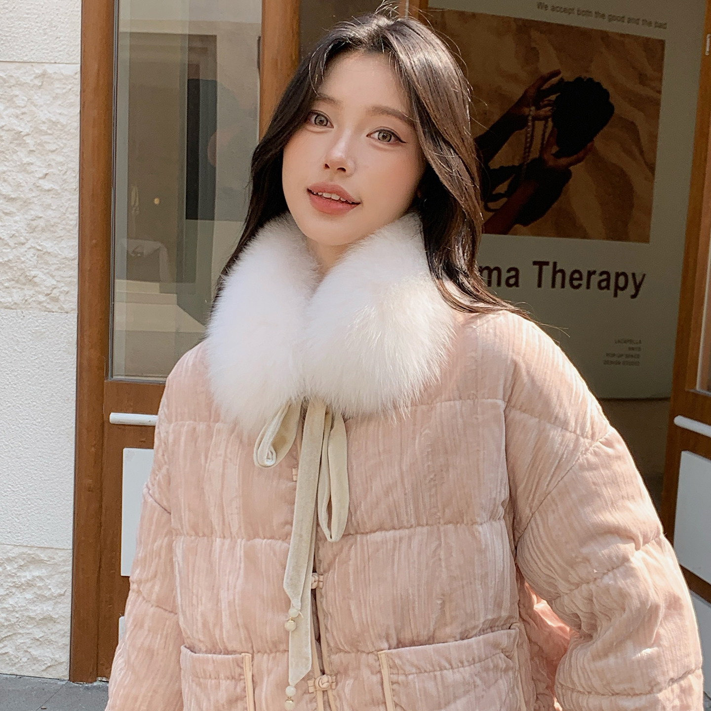 新中式狐狸毛双面真毛皮草细带围巾兔毛内里气质国风毛领蝴蝶结