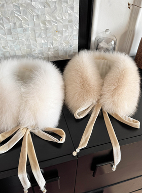 新中式狐狸毛皮草围巾 国风丝绒飘带冬季保暖毛领子蝴蝶结订珠