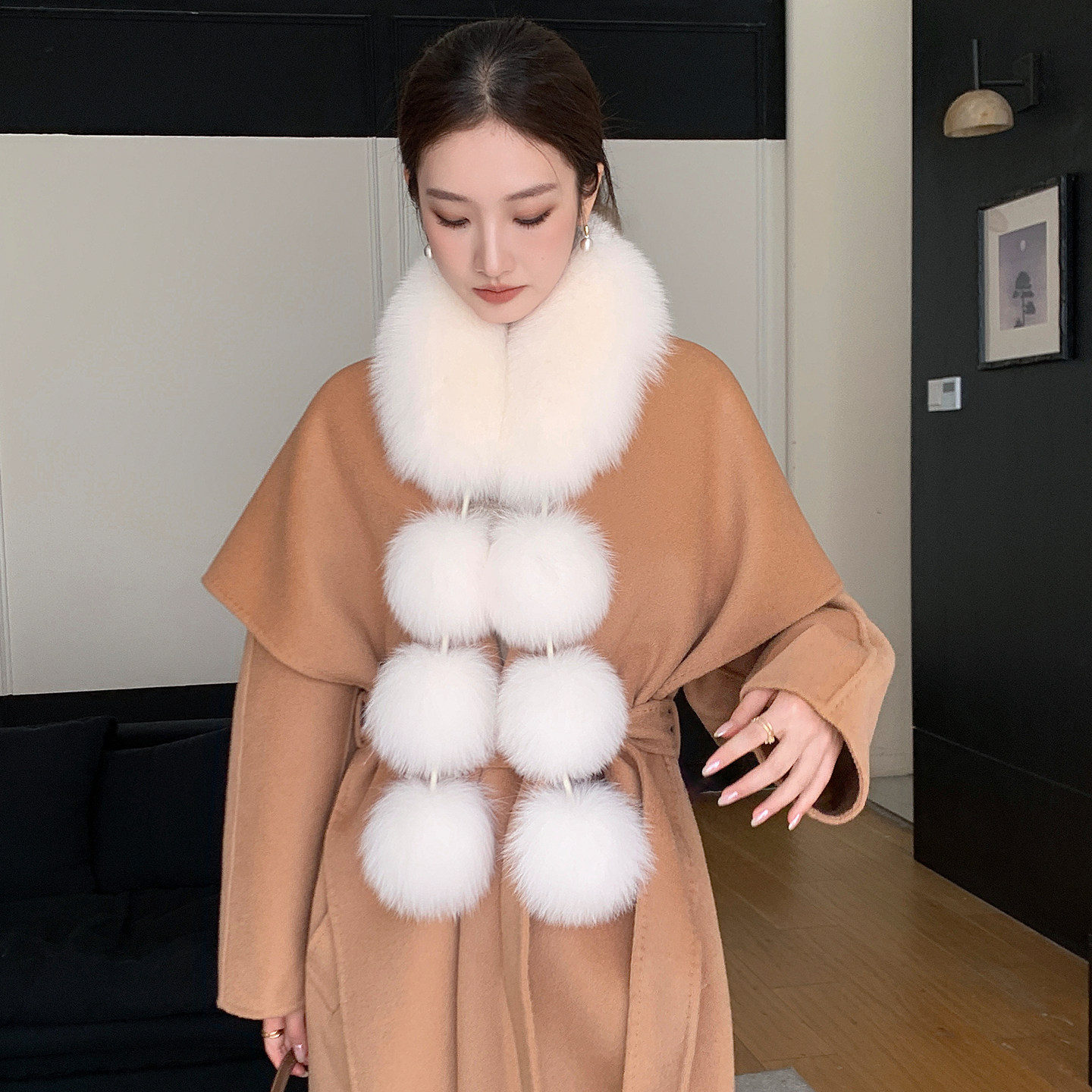狐狸毛围脖双面真毛獭兔毛内里气质中长款秋冬围巾可爱气质大毛球