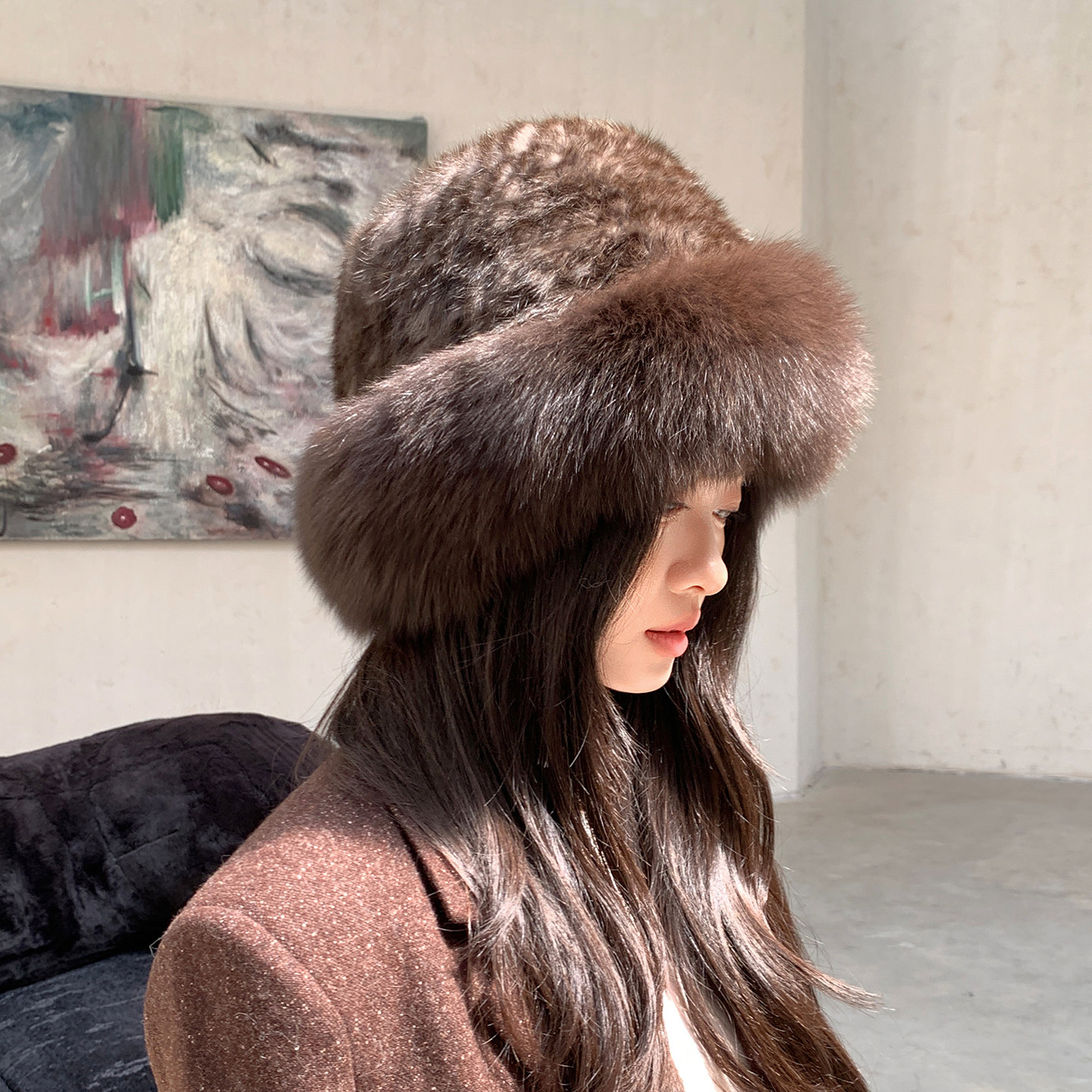 冬季皮草渔夫帽狐狸毛兔毛编织真毛保暖显脸小气质女帽冬紫貂色