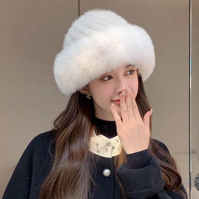 水貂毛配狐狸毛公主毛显脸小皮草女帽冬季小香风真皮毛渔夫帽子