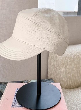 高级感荔枝纹牛皮皮女显脸小帽子 少有白色真皮百搭鸭舌帽 春秋