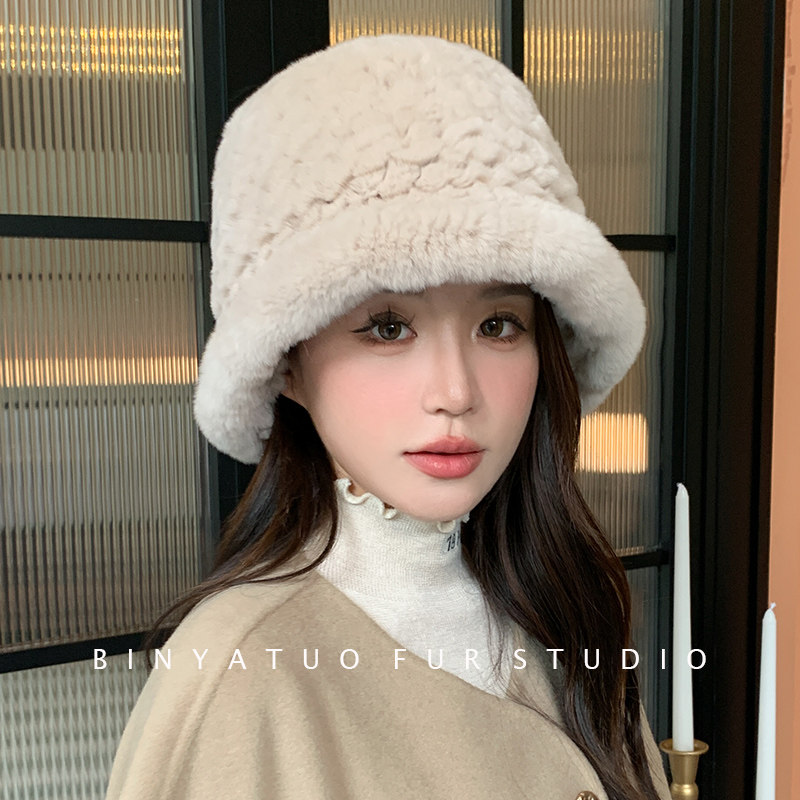 冬季保暖皮草帽子优雅法式渔夫帽 显脸小真毛毛 大脸女士獭兔帽子