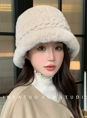 冬季保暖皮草帽子优雅法式渔夫帽 显脸小真毛毛 大脸女士獭兔帽子