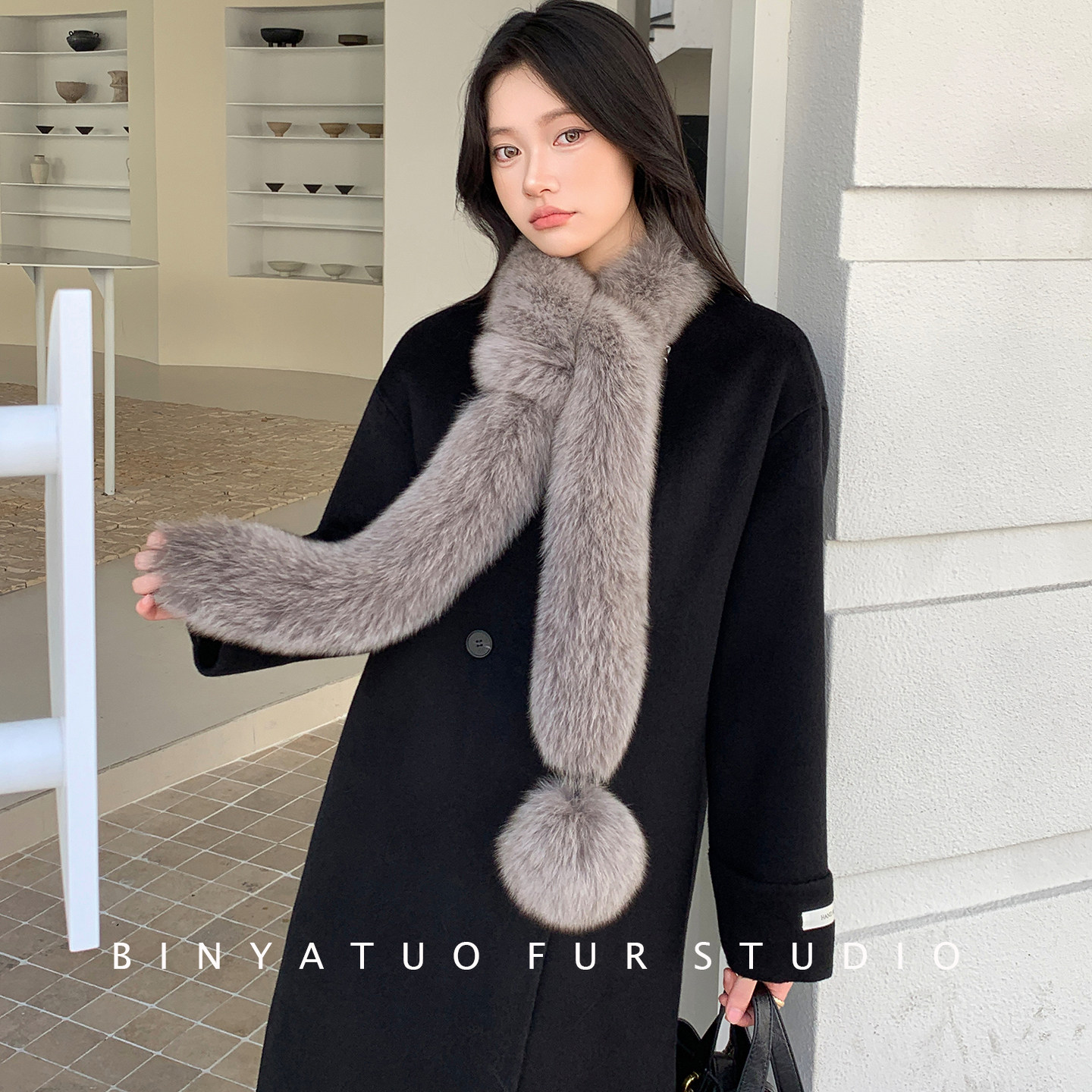 走秀款全狐狸毛气质长款毛球围巾女士冬季大毛球皮草围脖韩版百搭