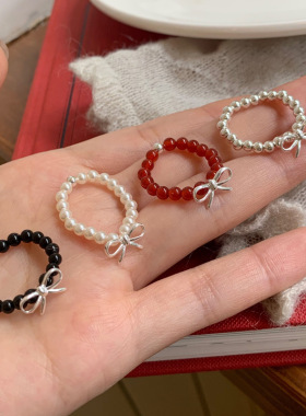 可爱甜美手作纯银戒指s925纯银红玛瑙银珠蝴蝶结串珠百搭手工指环