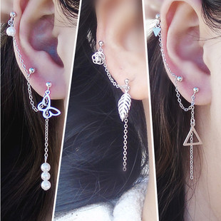 设计感耳环通体s925银镀白金三耳洞双耳洞耳骨一体耳钉连体多耳洞