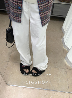 秋冬升级加薄绒高腰显瘦白色牛仔裤极简Row风阔腿休闲裤女裤子