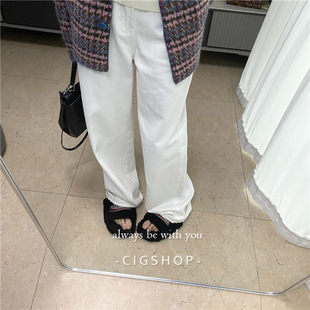 子 女裤 秋冬升级加薄绒高腰显瘦白色牛仔裤 极简Row风阔腿休闲裤