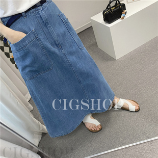 钟爱A字裙 显瘦山系腰袢设计高腰过膝牛仔半裙日系口袋宽松中长裙