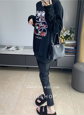 趣味亮片蝴蝶结米妮宽松小廓形圆领卡通图案刺绣黑色卫衣女潮显瘦