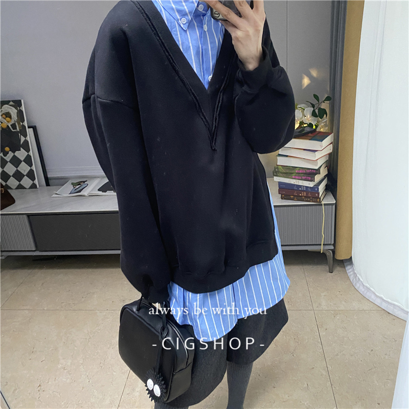 加厚加绒宽松假两件休闲卫衣