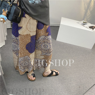 女九分裤 梵高艺术太阳花几何格纹褶皱阔腿裤 宽松遮肉显瘦茧型裙裤