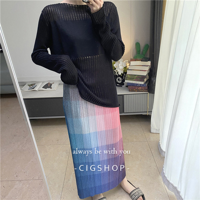 渐变色小方格褶皱半身裙女显瘦