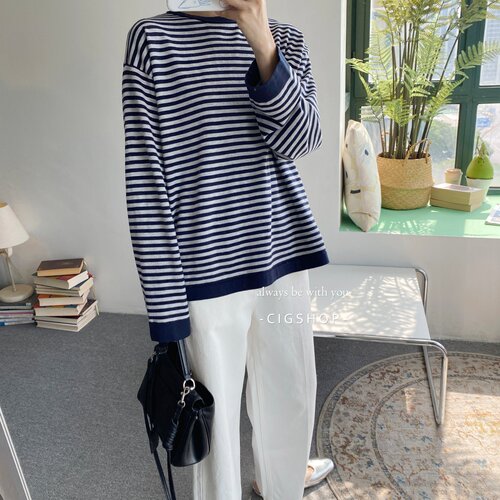 纯棉针织条纹休闲长袖T恤女