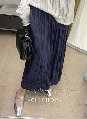 垂坠顺滑三宅风褶皱优雅中长款半身裙夏季手工捏褶黑色半裙长裙