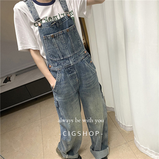 古力娜扎Jennie同款水洗复古做旧可调肩带美式慵懒背带阔腿牛仔裤