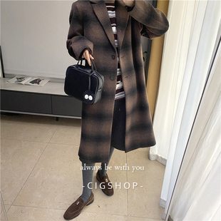 焦糖美拉德阴影格 复古意大利羊毛中长款小阔型格子大衣呢外套女