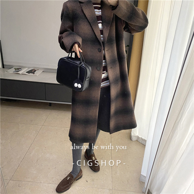 羊毛混纺中长款阴影格子呢大衣