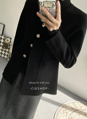 圆领黑色修身双面针织羊毛开衫短外套女小个子复古气质通勤上衣