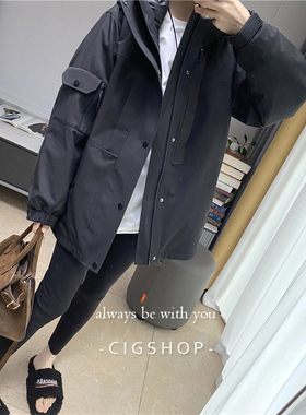 男女同款防风保暖御寒工装连帽两穿可拆卸鹅绒服厚外套黑色羽绒服