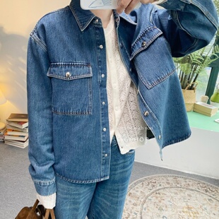 倪妮同款蓝色牛仔外套短款小个子休闲宽松翻领衬衫单宁夹克秋新款