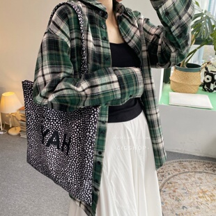 格子控文艺书卷气松弛随性宽松廓形绿色格纹衬衫亲肤柔软透气舒适