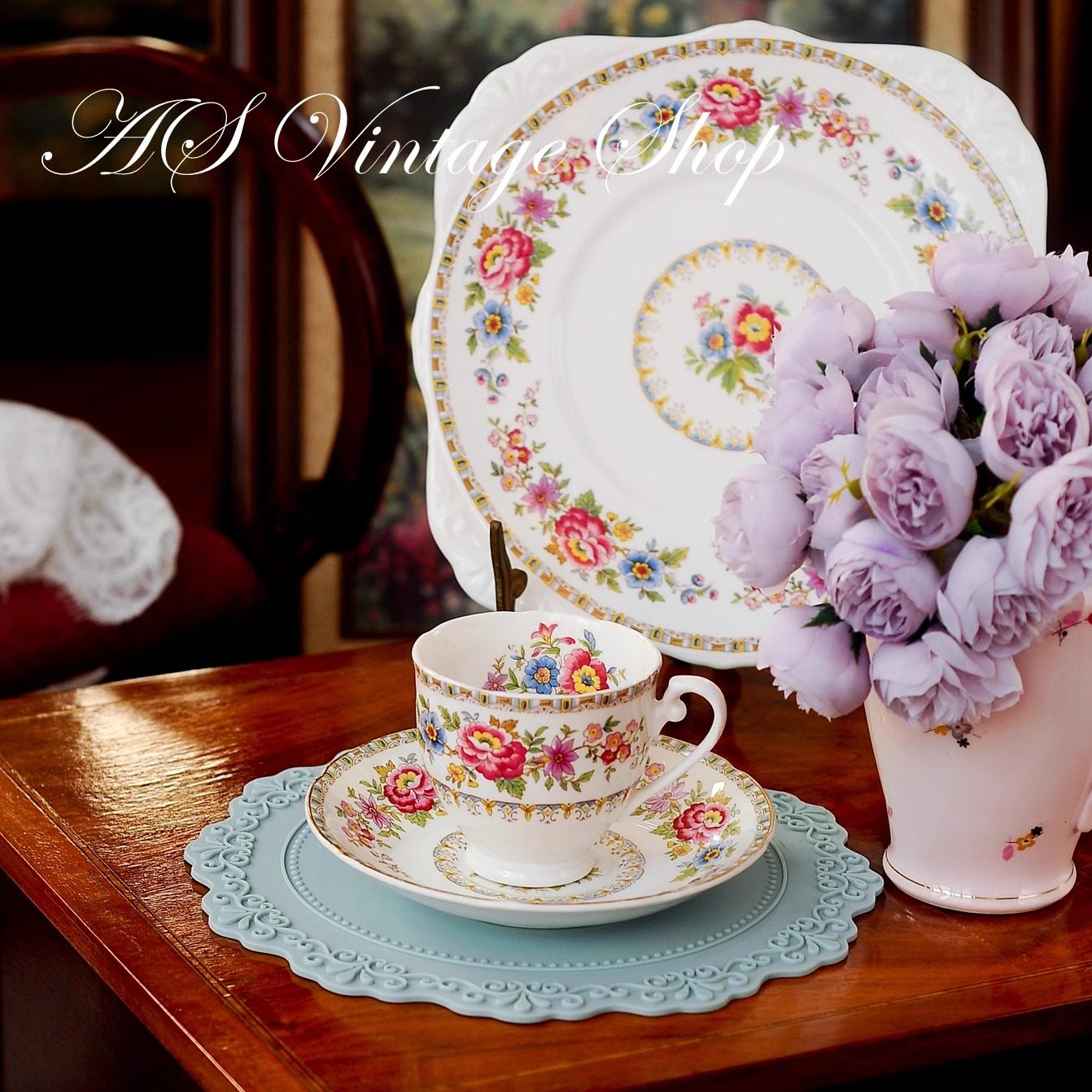 英国中古皇家Grafton格拉夫顿华丽复古花朵一杯两碟咖啡杯