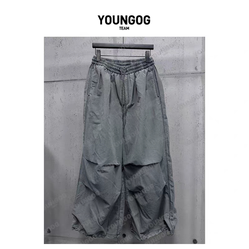 美式复古褶皱伞兵裤男女同款夏季薄款宽松阔腿裤慵懒风束脚休闲裤