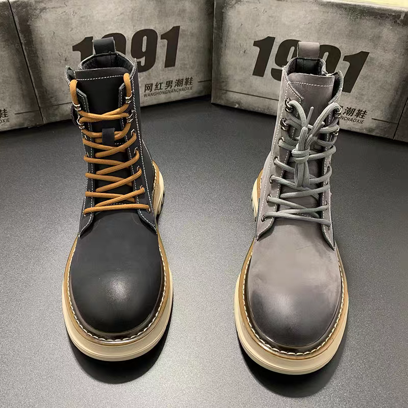 切尔西马丁靴男真皮冬季加绒厚底工装靴男增高英伦百搭高帮皮鞋男