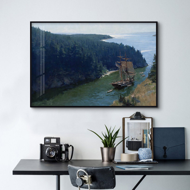 一帆风顺欧式手绘装饰画背景墙客厅轻奢帆船海洋挂画书法晶瓷画