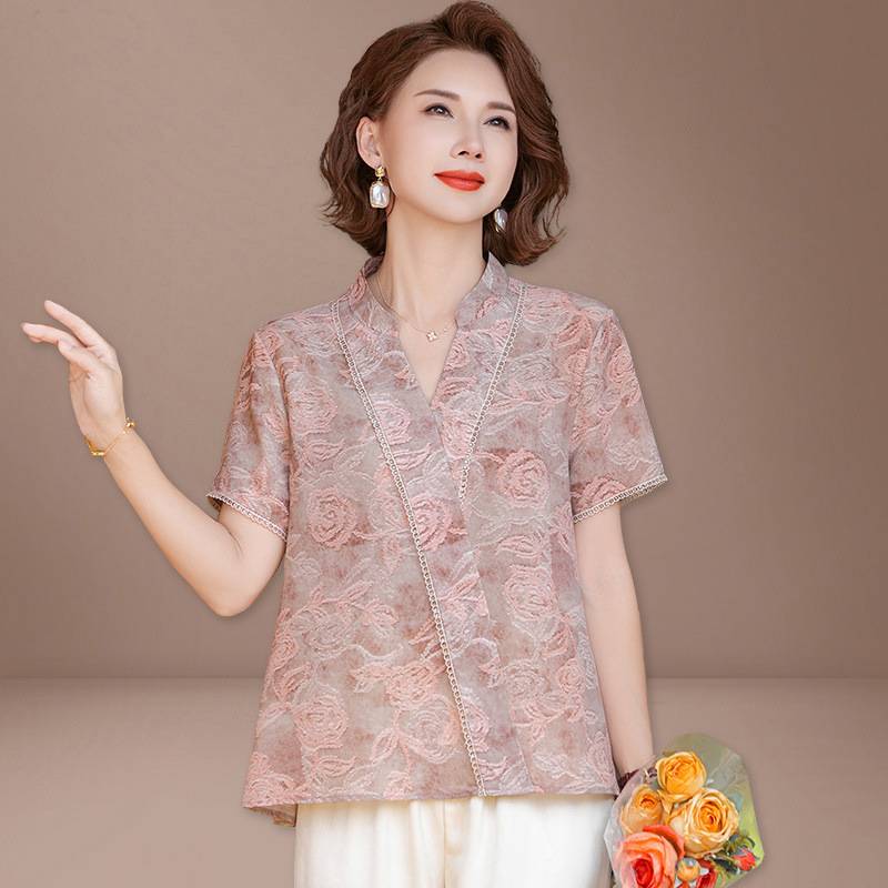 中老年妈妈夏季短袖小衫套装气质中年女装夏装V领上衣裤子两件套