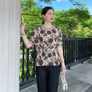 中年女士夏季 中老年上衣夏款 60印花大码 妈妈上衣轻薄小衫 圆领T