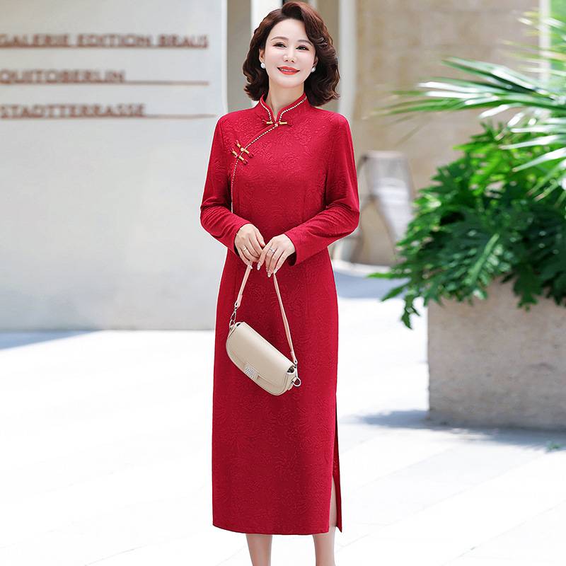 妈妈结婚礼服喜婆婆婚宴装旗袍春秋高贵气质红色喜服女长袖连衣裙