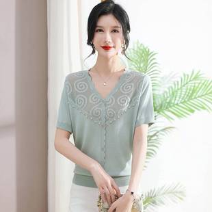 t恤女夏季 妈妈装 V领清凉短袖 新款 潮 上衣女镂空针织薄款 中老年女装