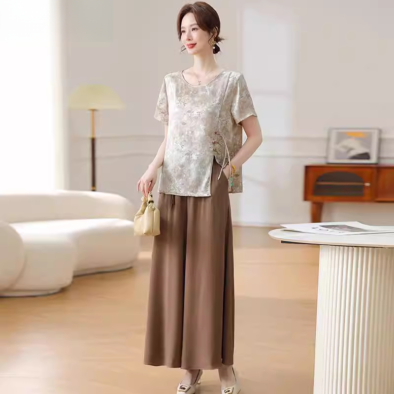 中年妈妈夏装套装新中式国风衬衫2025新款中老年薄款上衣阔腿裤女