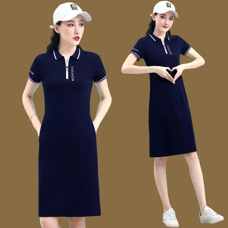翻领连衣裙女夏季过膝长款polot恤裙子2025新款宽松休闲运动a字裙