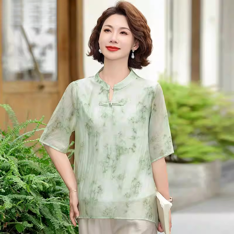 妈妈夏装新款中袖雪纺衫中老年女装中式国风印花气质优雅薄款上衣