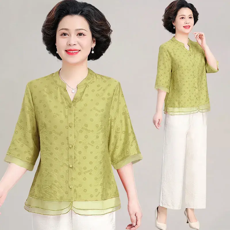 2025新款时尚妈妈夏装洋气上衣服中老年女装夏季薄款衬衫棉麻套装