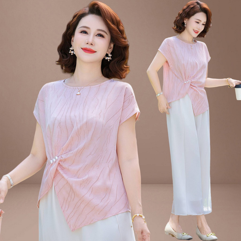 妈妈夏2025新款女装雪纺小衫中老年女夏季贵夫人薄款上衣两件套装